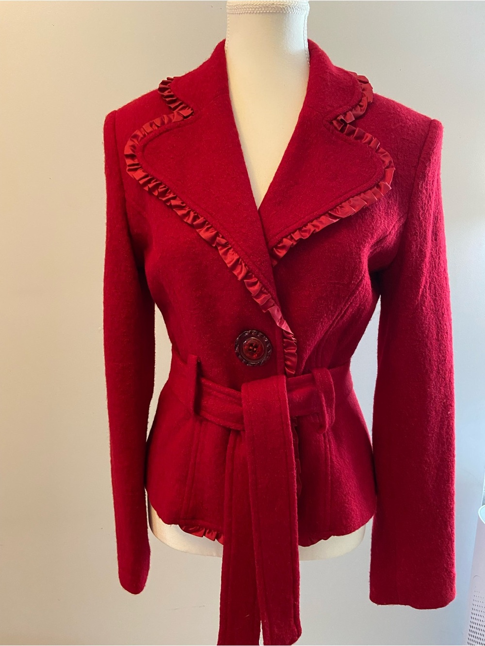 Oli. Red Wool-Blend Belted Peplum Blazer